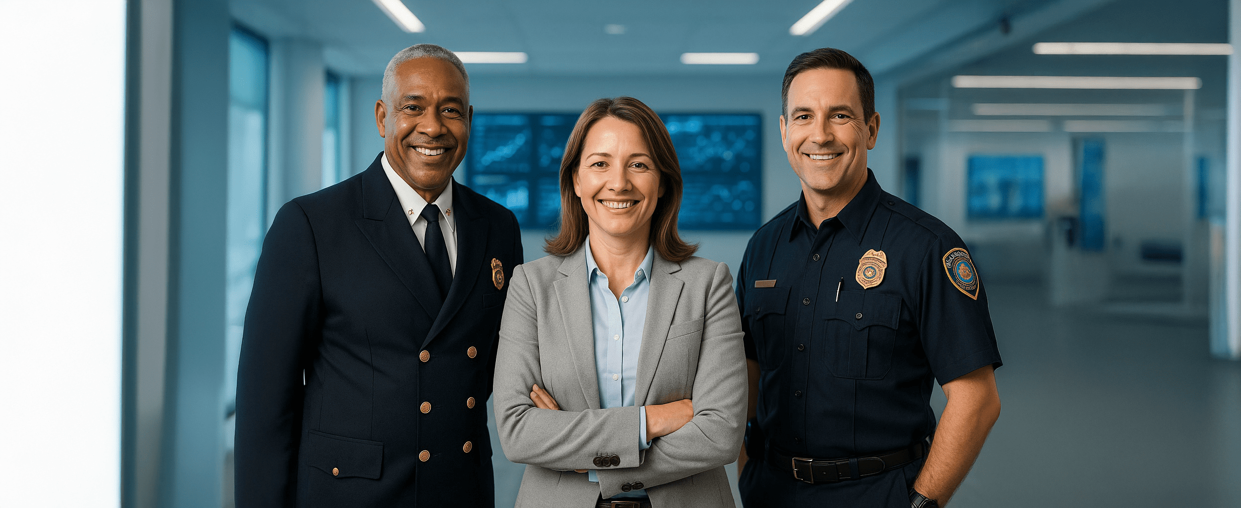Public safety leaders analyzing data on a futuristic screen in a modern command center.